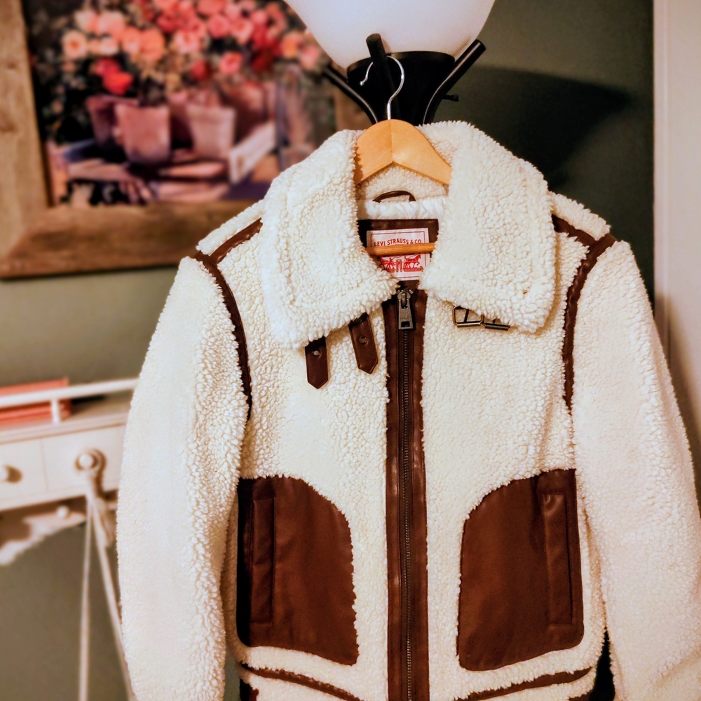 Levi"s Moto Cozy White and Brown Sherpa Jacket